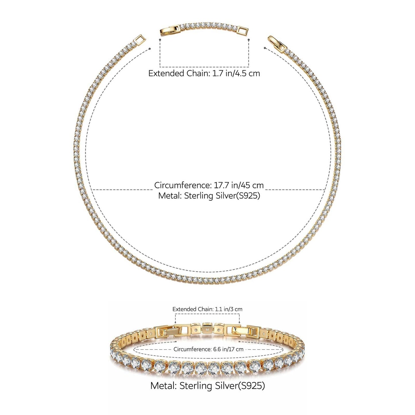 Sterling Silver Tennis Necklace and Bracelet Set with Extension Chain In 14K Gold Plated