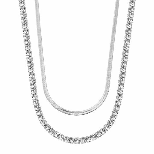 gon- Sterling Silver Layered Necklaces Set: Flat Snake Chain and Tennis Chain Necklace Set In White Gold Plated