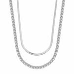 Sterling Silver Layered Necklaces Set: Flat Snake Chain and Tennis Chain Necklace Set In White Gold Plated