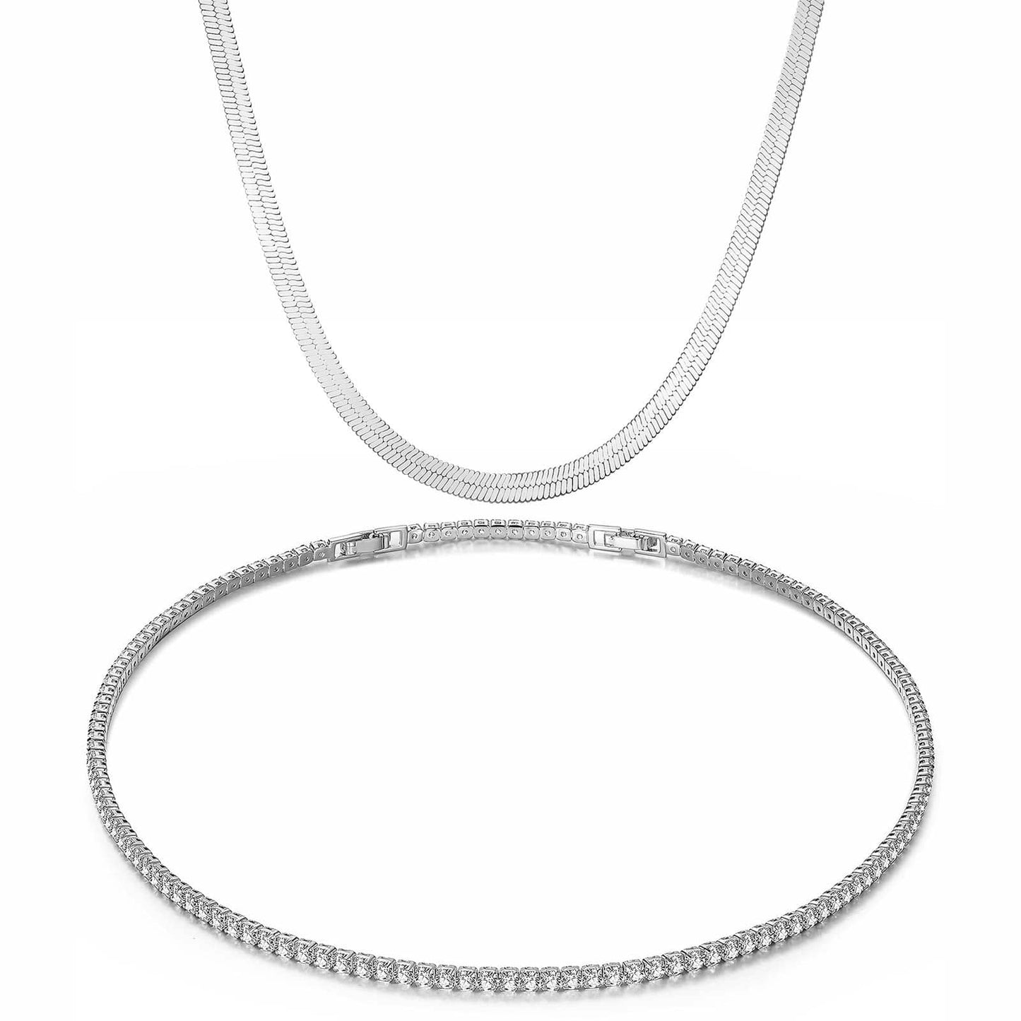 Sterling Silver Layered Necklaces Set: Flat Snake Chain and Tennis Chain Necklace Set In White Gold Plated