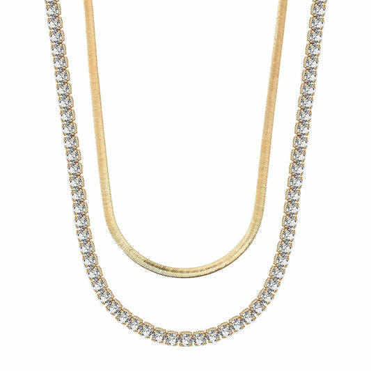 gon- Sterling Silver Layered Necklaces Set: Flat Snake Chain and Tennis Chain Necklace Set In 14K Gold Plated