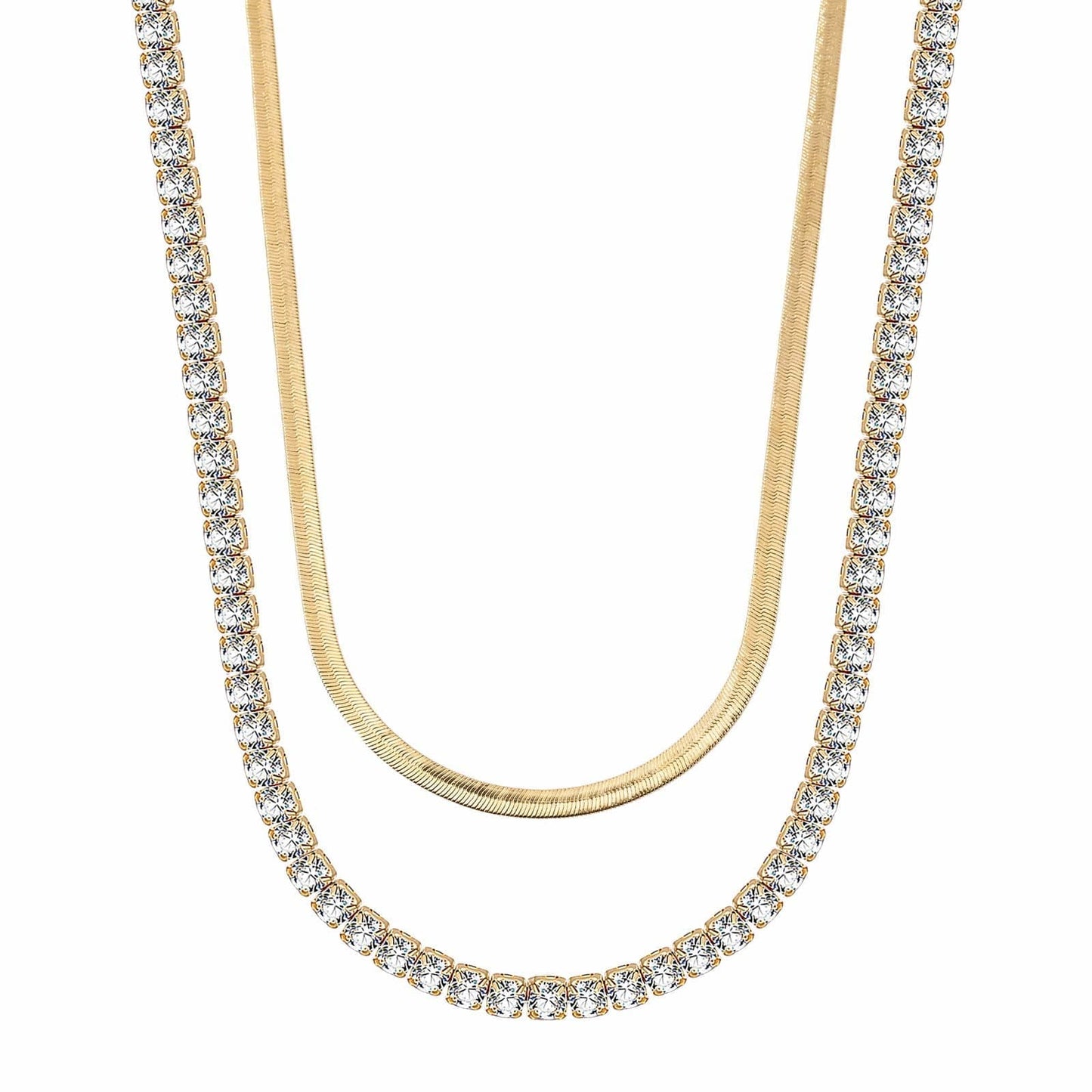 Sterling Silver Layered Necklaces Set: Flat Snake Chain and Tennis Chain Necklace Set In 14K Gold Plated