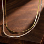 Sterling Silver Layered Necklaces Set: Flat Snake Chain and Tennis Chain Necklace Set In 14K Gold Plated