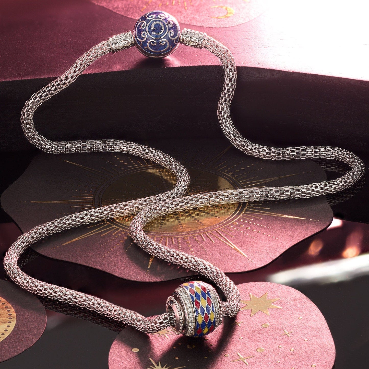 Sterling Silver Stained Glass Window Charms Necklace Set With Enamel In White Gold Plated