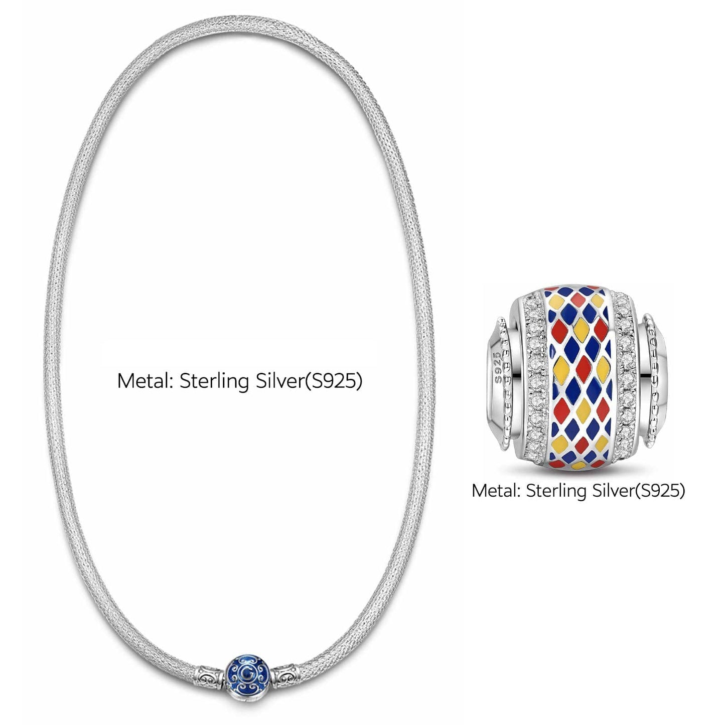 Sterling Silver Stained Glass Window Charms Necklace Set With Enamel In White Gold Plated