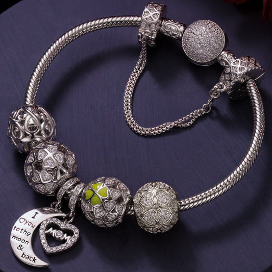 gona- Sterling Silver Love and Luck Charms Bracelet Set With Enamel In White Gold Plated (Includes bracelet and all charms shown)