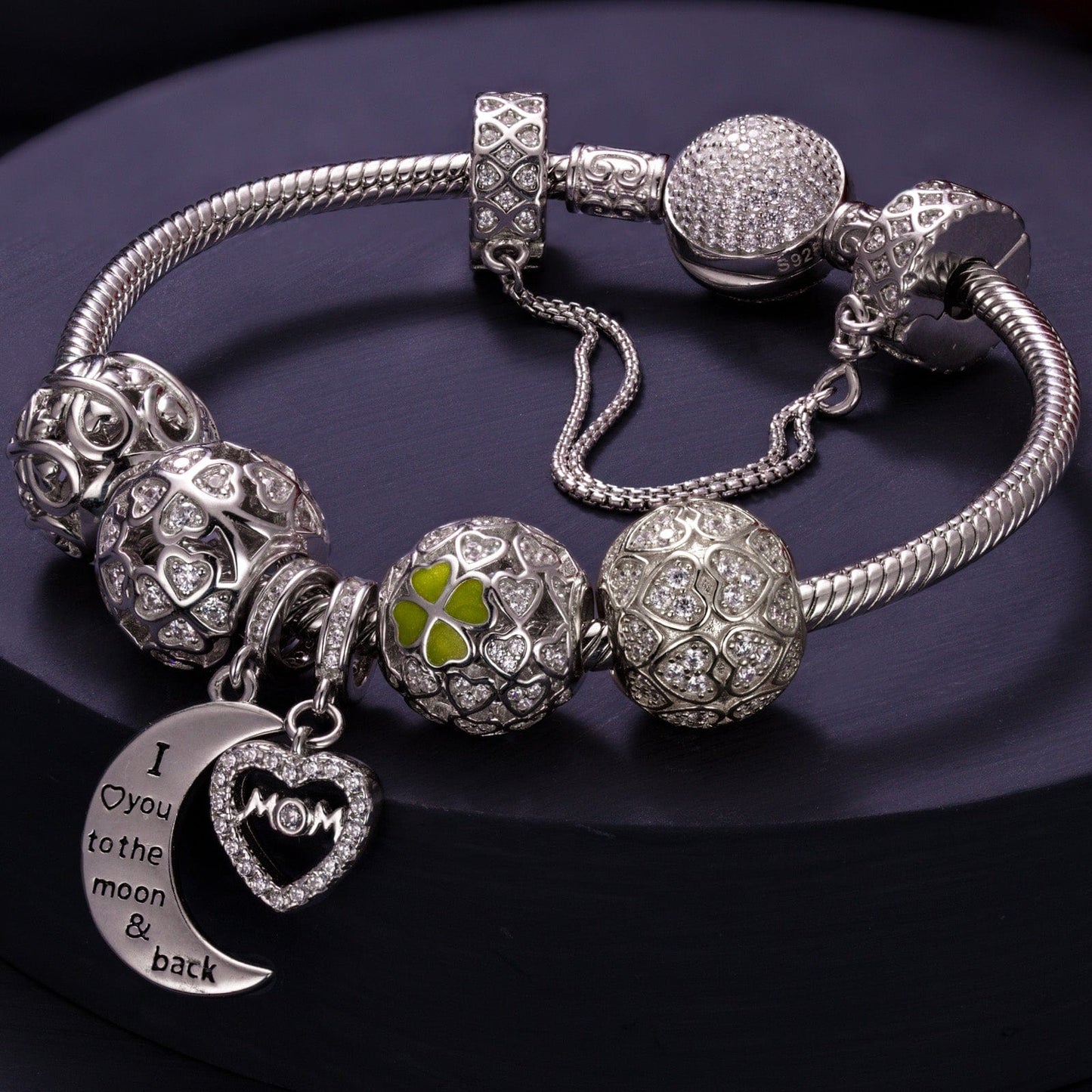 Sterling Silver Love and Luck Charms Bracelet Set With Enamel In White Gold Plated (Includes bracelet and all charms shown)