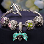 Sterling Silver Colorful Clover Charms Bracelet Set With Enamel In White Gold Plated (Includes bracelet and all charms shown)