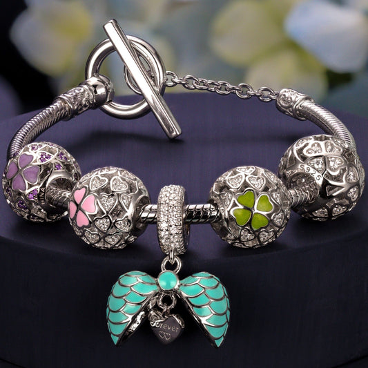 gona- Sterling Silver Colorful Clover Charms Bracelet Set With Enamel In White Gold Plated (Includes bracelet and all charms shown)
