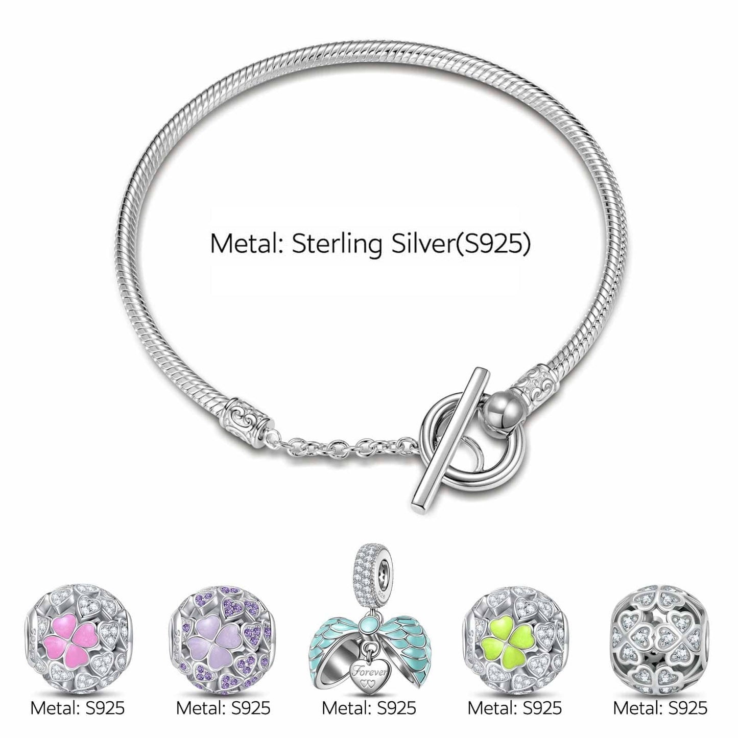 Sterling Silver Love and Luck Charms Bracelet Set With Enamel In White Gold Plated (Includes bracelet and all charms shown)