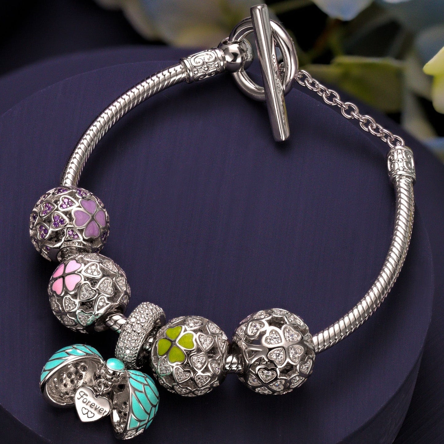 Sterling Silver Colorful Clover Charms Bracelet Set With Enamel In White Gold Plated (Includes bracelet and all charms shown)
