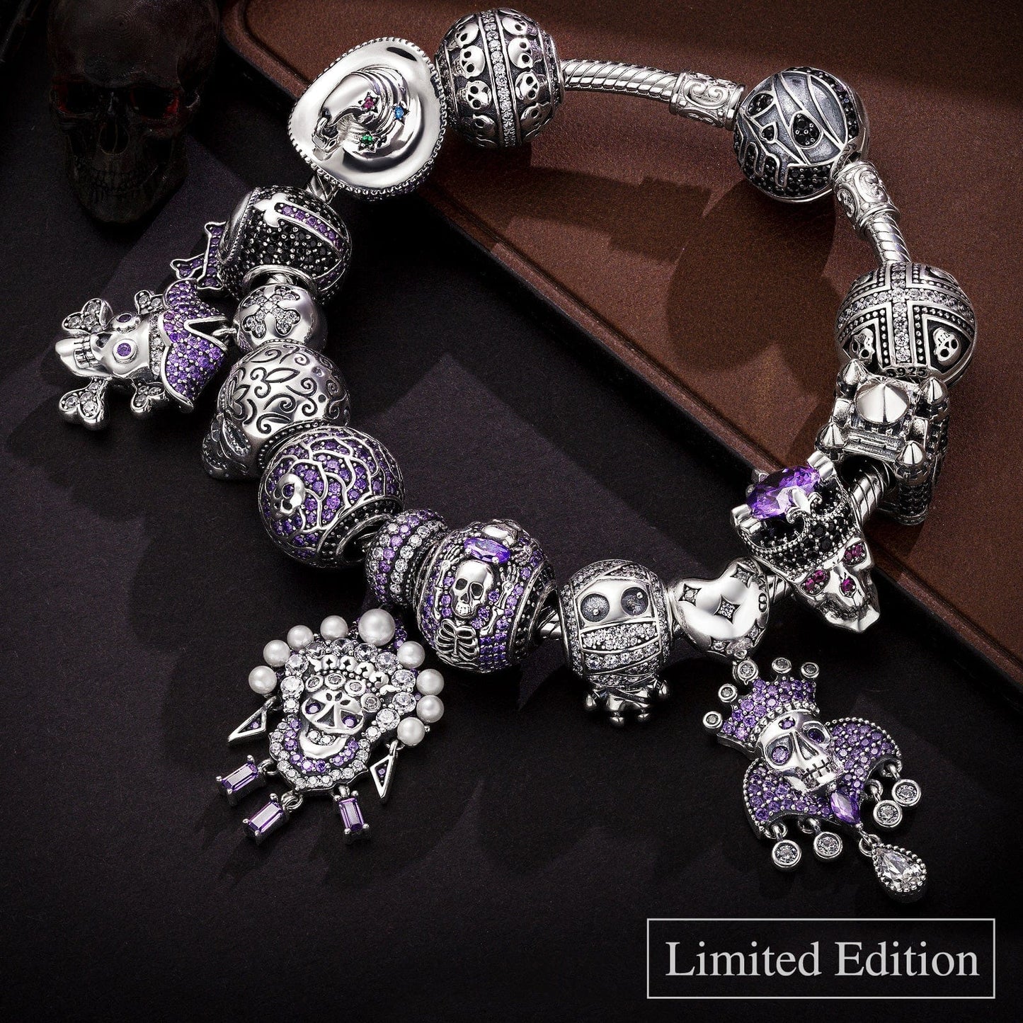 Limited Edition Flash Sale: Sterling Silver Shadowed Skull Kingdom Charms Bracelet Set With Enamel In White Gold Plated