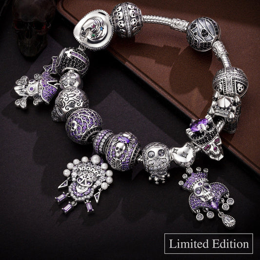 gon- Limited Edition Flash Sale: Sterling Silver Shadowed Skull Kingdom Charms Bracelet Set With Enamel In White Gold Plated (Includes bracelet and all charms shown)