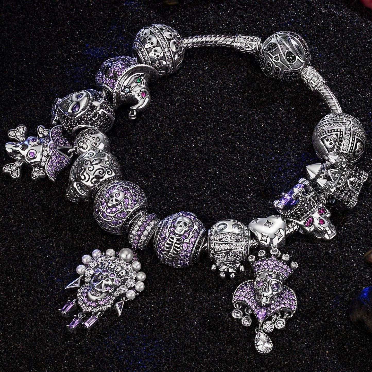 Limited Edition Flash Sale: Sterling Silver Shadowed Skull Kingdom Charms Bracelet Set With Enamel In White Gold Plated (Includes bracelet and all charms shown)