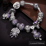 Limited Edition Flash Sale: Sterling Silver Shadowed Skull Kingdom Charms Bracelet Set With Enamel In White Gold Plated (Includes bracelet and all charms shown)