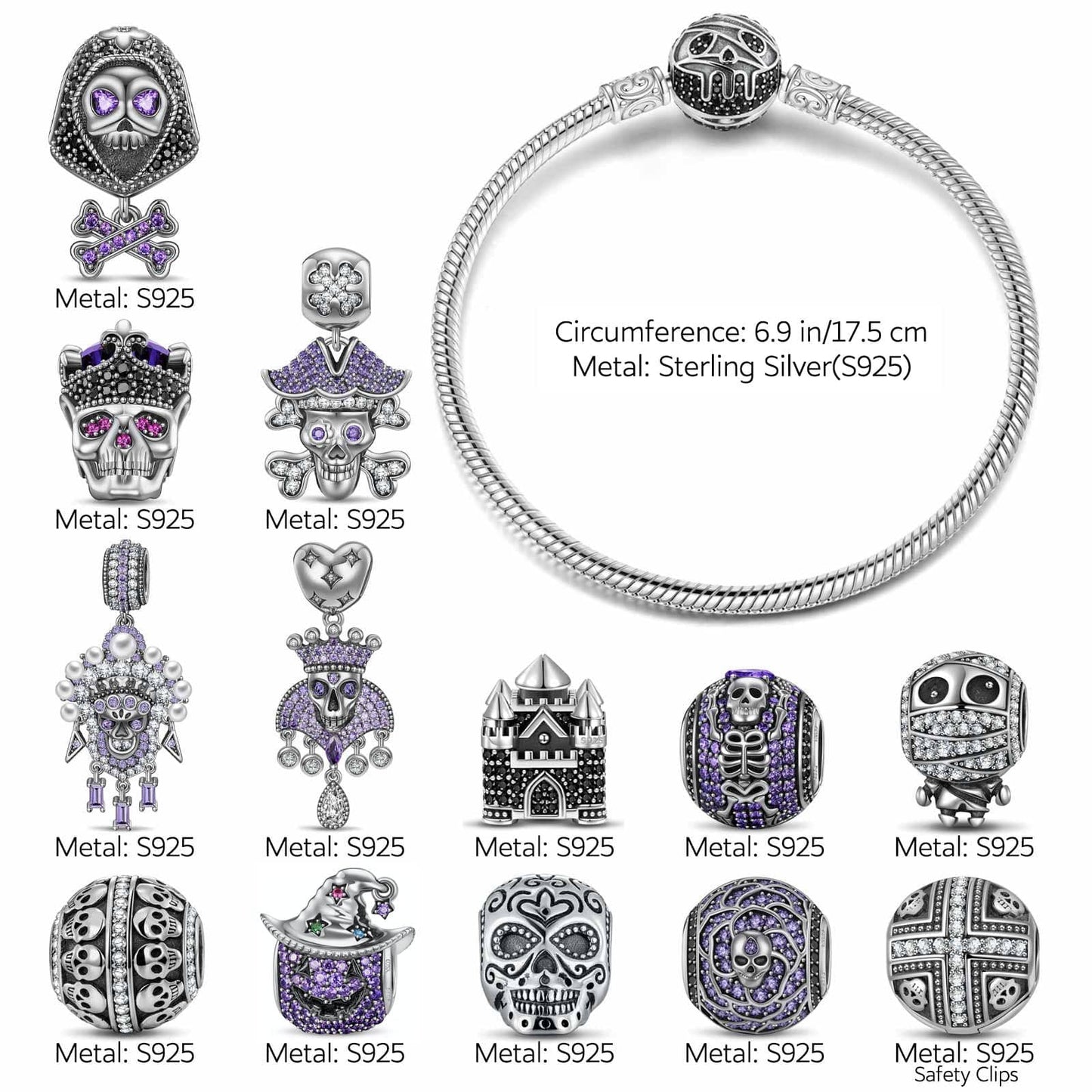 Limited Edition Flash Sale: Sterling Silver Shadowed Skull Kingdom Charms Bracelet Set With Enamel In White Gold Plated