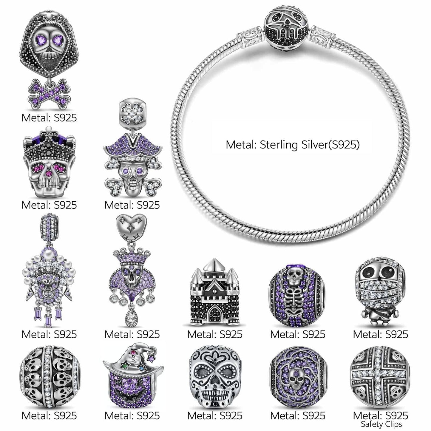 Limited Edition Flash Sale: Sterling Silver Shadowed Skull Kingdom Charms Bracelet Set With Enamel In White Gold Plated (Includes bracelet and all charms shown)