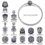 Limited Edition Flash Sale: Sterling Silver Shadowed Skull Kingdom Charms Bracelet Set With Enamel In White Gold Plated (Includes bracelet and all charms shown)