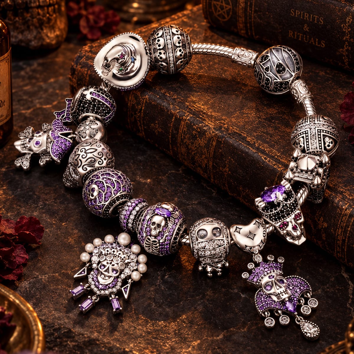 Limited Edition Flash Sale: Sterling Silver Shadowed Skull Kingdom Charms Bracelet Set With Enamel In White Gold Plated (Includes bracelet and all charms shown)