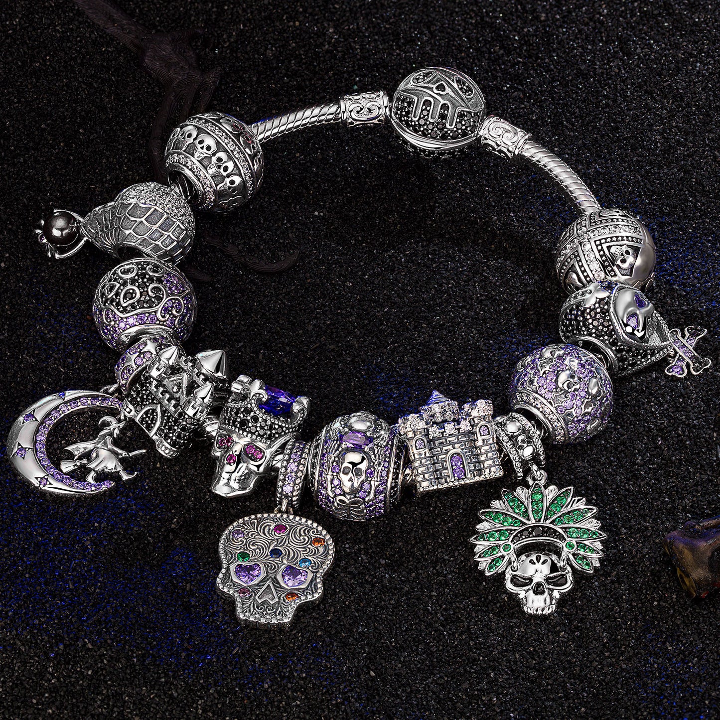 Sterling Silver Ghostly Darkness Charms Bracelet Set In Blackened 925 Sterling silver Plated