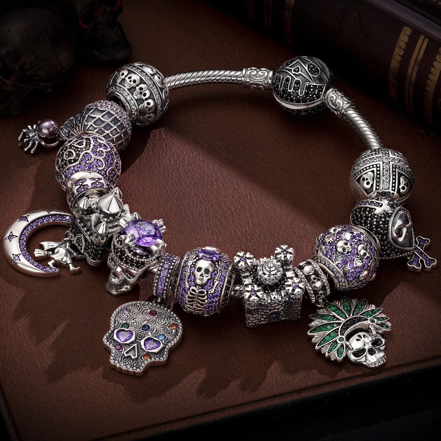 Sterling Silver Ghostly Darkness Charms Bracelet Set In Blackened 925 Sterling silver Plated