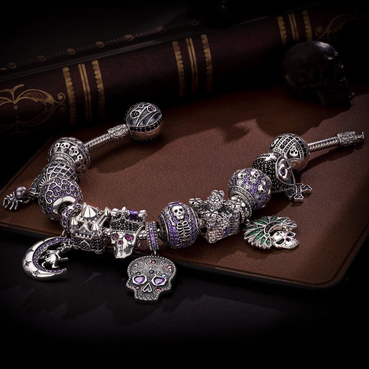 Sterling Silver Ghostly Darkness Charms Bracelet Set In Blackened 925 Sterling silver Plated