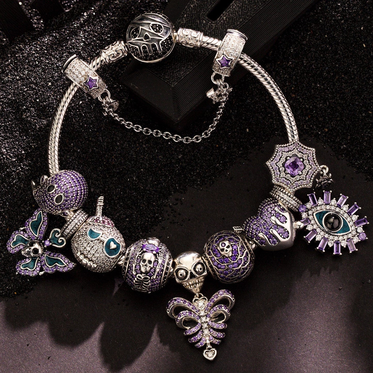 Limited Edition Flash Sale: Sterling Silver Midnight Wraith Charms Bracelet Set With Enamel In White Gold Plated (Includes bracelet and all charms shown)