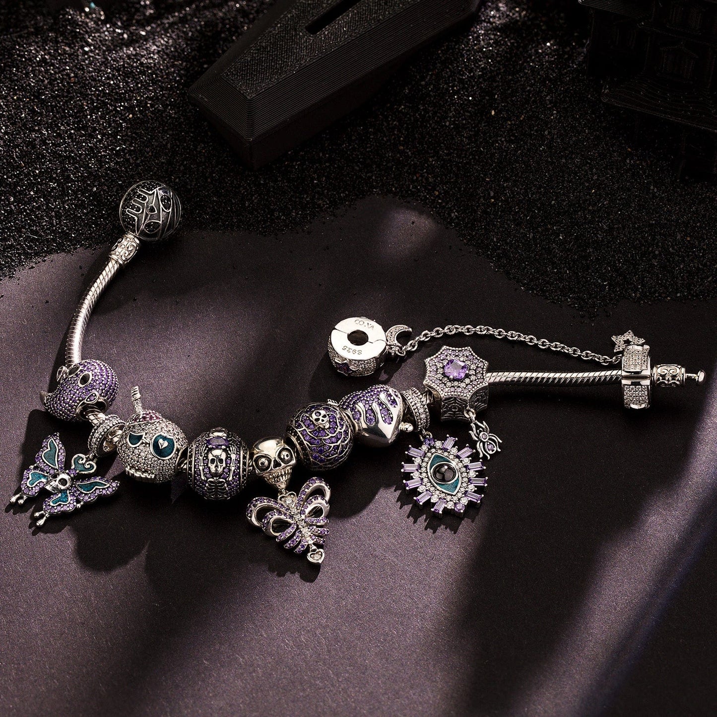Limited Edition Flash Sale: Sterling Silver Midnight Wraith Charms Bracelet Set With Enamel In White Gold Plated (Includes bracelet and all charms shown)