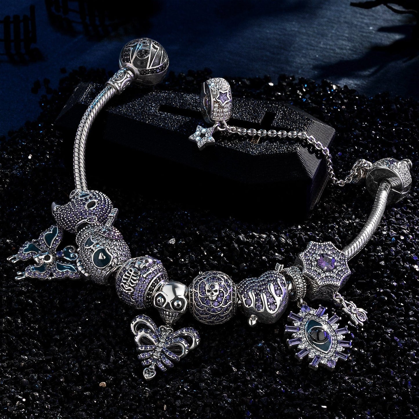 Limited Edition Flash Sale: Sterling Silver Midnight Wraith Charms Bracelet Set With Enamel In White Gold Plated (Includes bracelet and all charms shown)