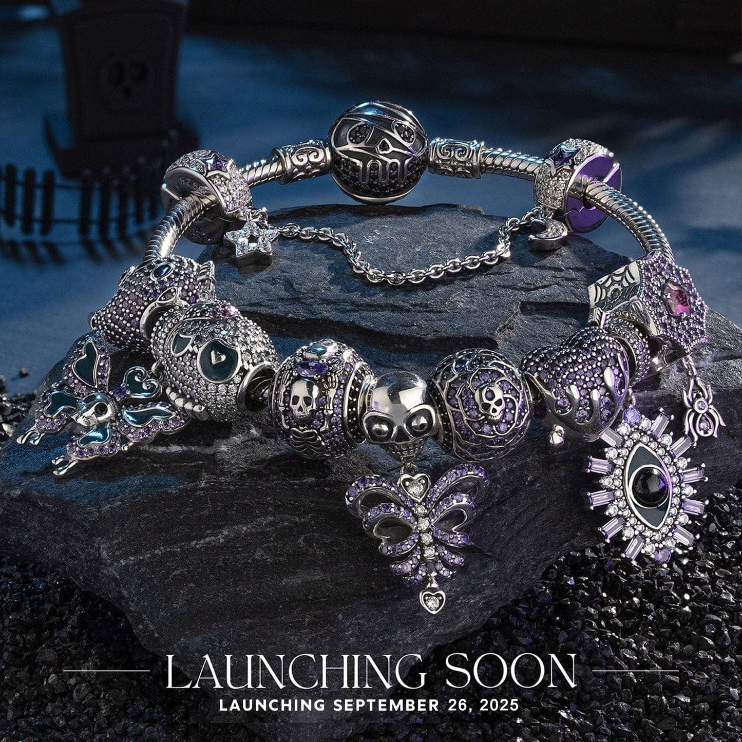 Limited Edition Flash Sale: Sterling Silver Midnight Wraith Charms Bracelet Set With Enamel In White Gold Plated (Includes bracelet and all charms shown)