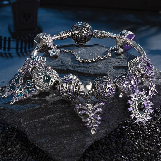 gona- Limited Edition Flash Sale: Sterling Silver Midnight Wraith Charms Bracelet Set With Enamel In White Gold Plated (Includes bracelet and all charms shown)