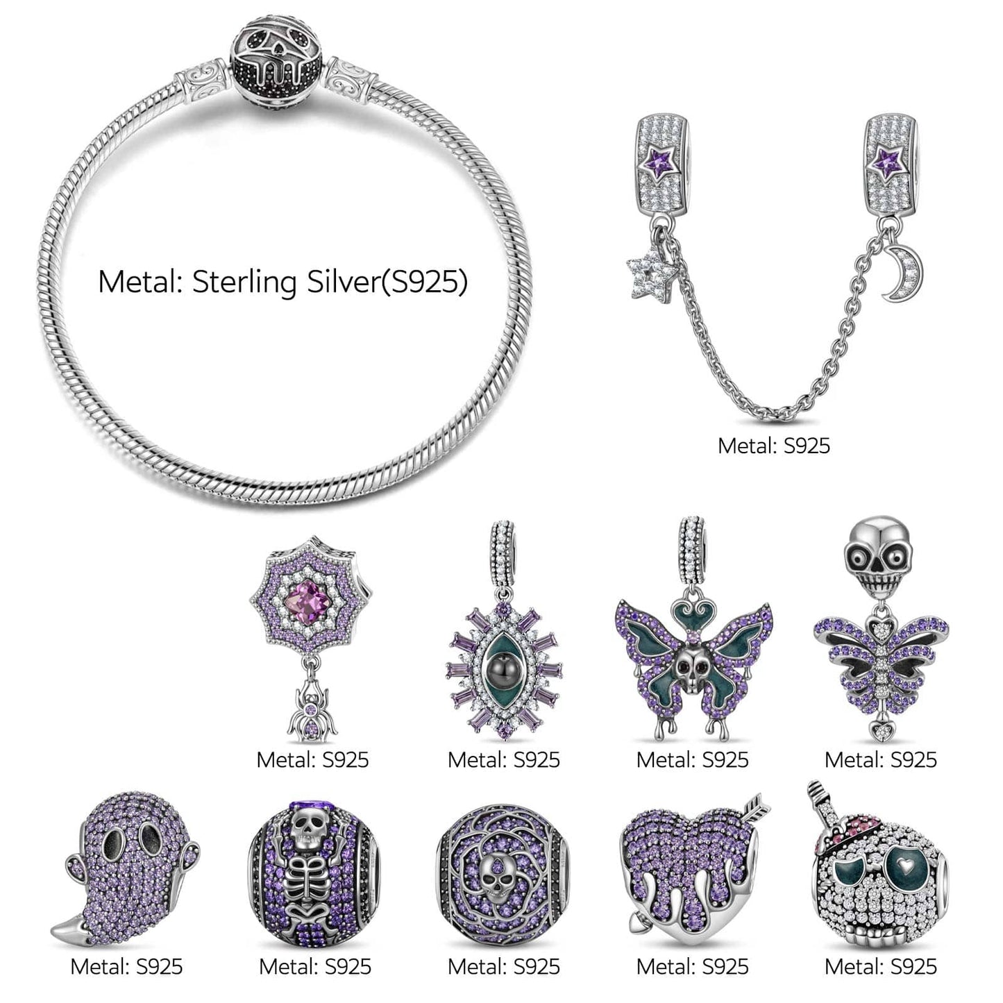 Limited Edition Flash Sale: Sterling Silver Midnight Wraith Charms Bracelet Set With Enamel In White Gold Plated (Includes bracelet and all charms shown)
