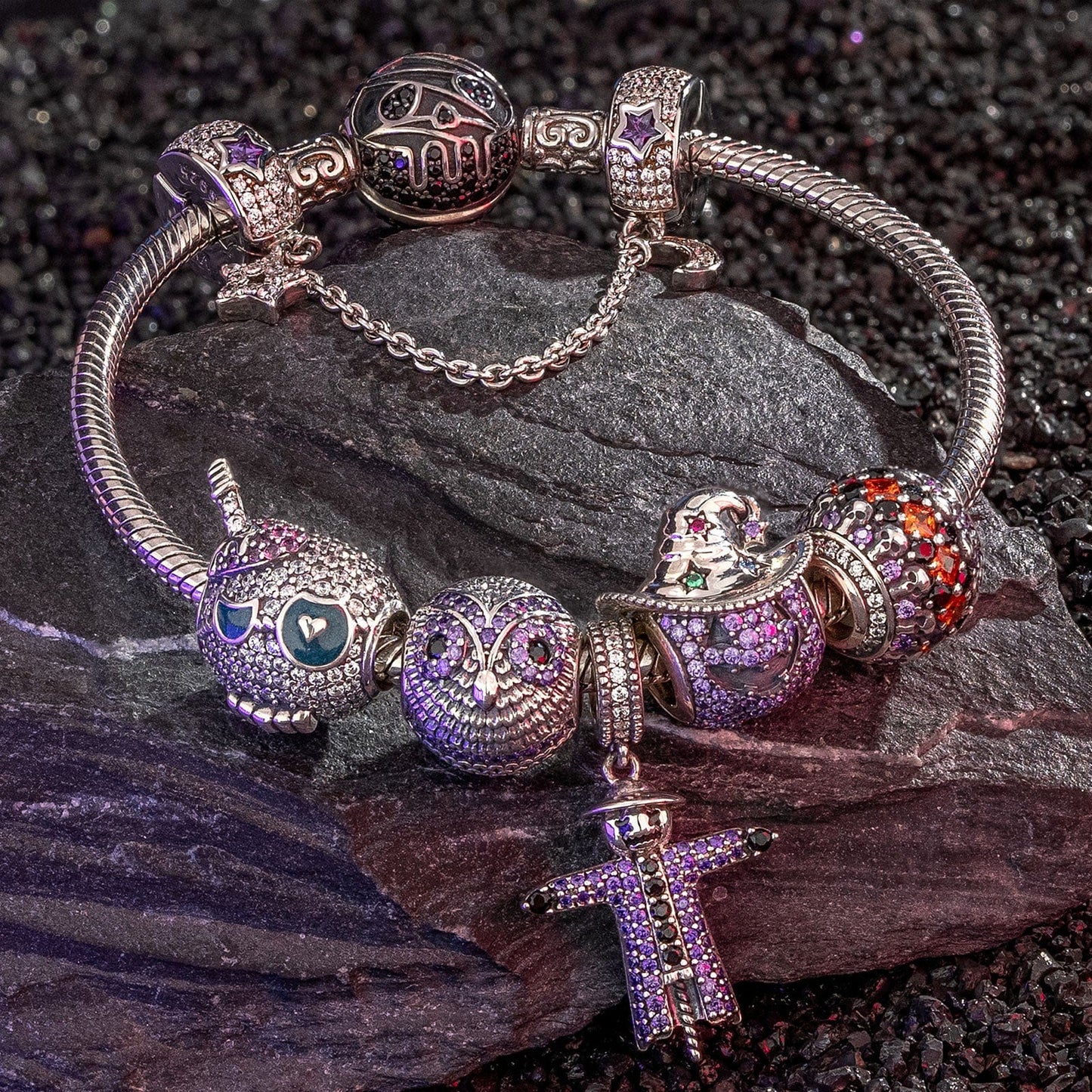 Sterling Silver Spooky Western Charms Bracelet Set With Enamel In White Gold Plated (Includes bracelet and all charms shown)
