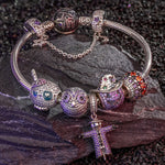 Sterling Silver Spooky Western Charms Bracelet Set With Enamel In White Gold Plated (Includes bracelet and all charms shown)