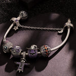 Sterling Silver Spooky Western Charms Bracelet Set With Enamel In White Gold Plated (Includes bracelet and all charms shown)
