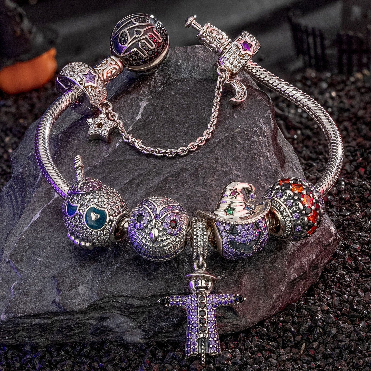 Sterling Silver Spooky Western Charms Bracelet Set With Enamel In White Gold Plated (Includes bracelet and all charms shown)