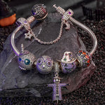 Sterling Silver Spooky Western Charms Bracelet Set With Enamel In White Gold Plated (Includes bracelet and all charms shown)
