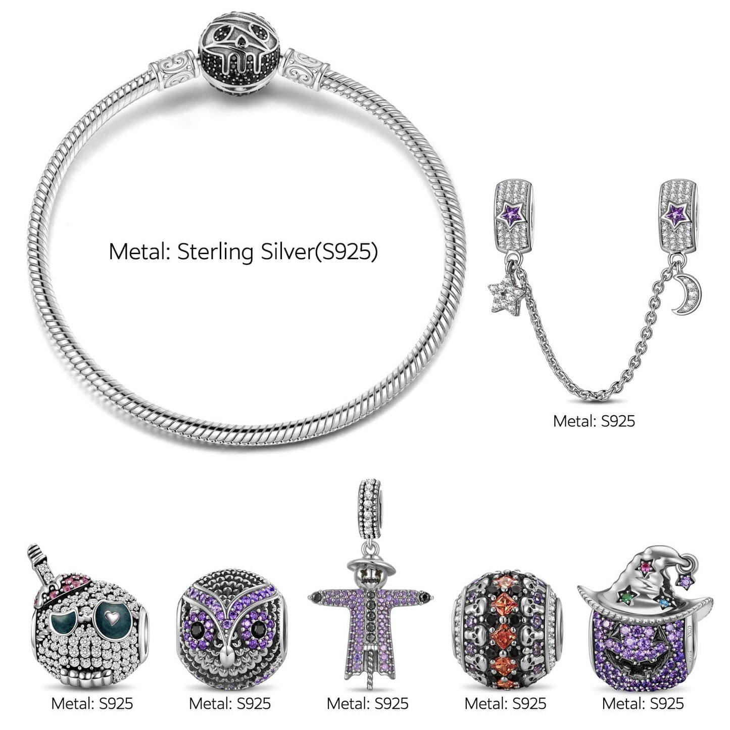 Sterling Silver Spooky Western Charms Bracelet Set With Enamel In White Gold Plated (Includes bracelet and all charms shown)