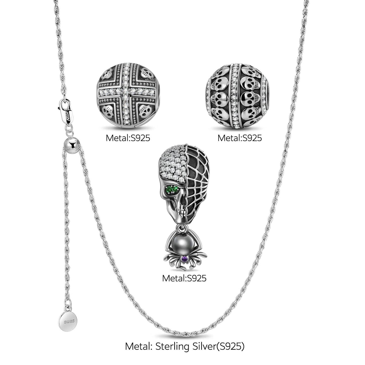 Sterling Silver Spectral Shine Charms Necklace Set With Enamel In White Gold Plated