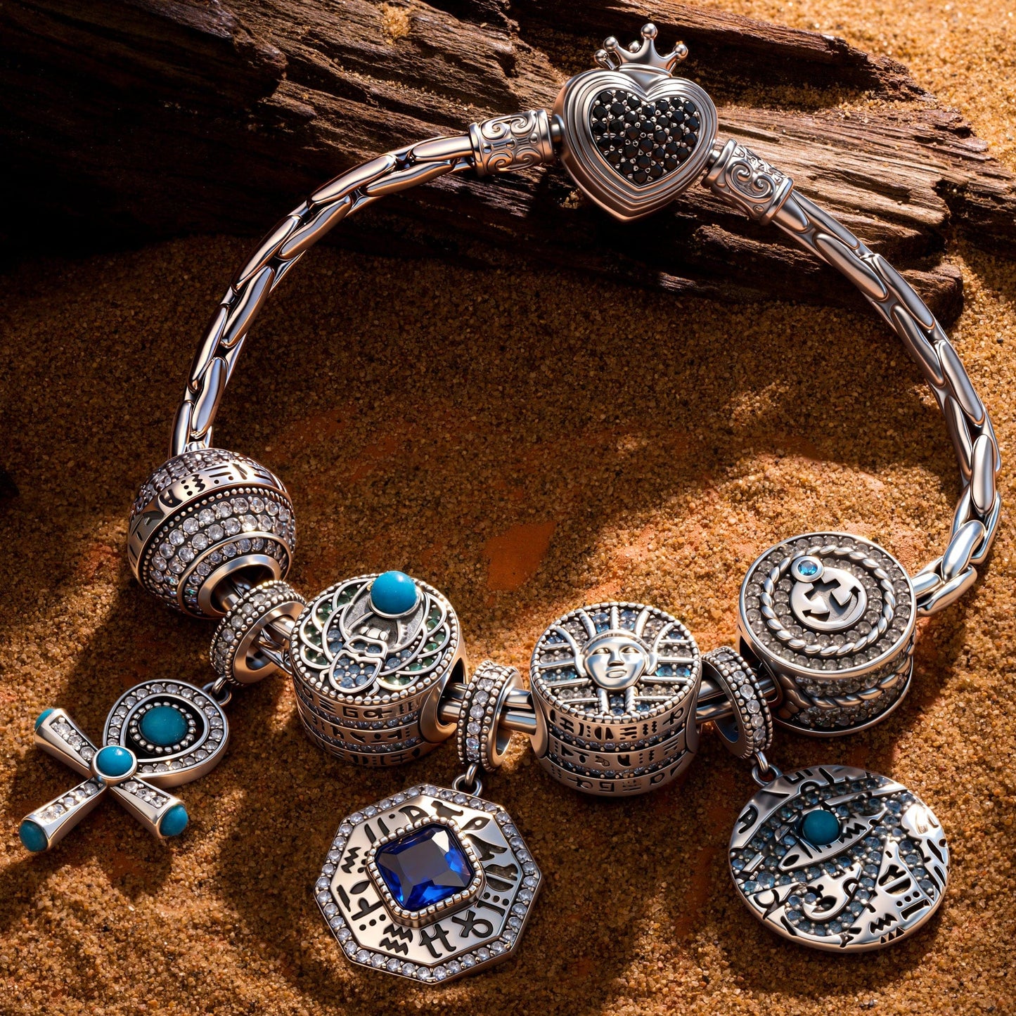 Sterling Silver Arcane Emblem Charms Bracelet Set With Enamel In Blackened 925 Sterling Silver Plated (Includes bracelet and all charms shown)