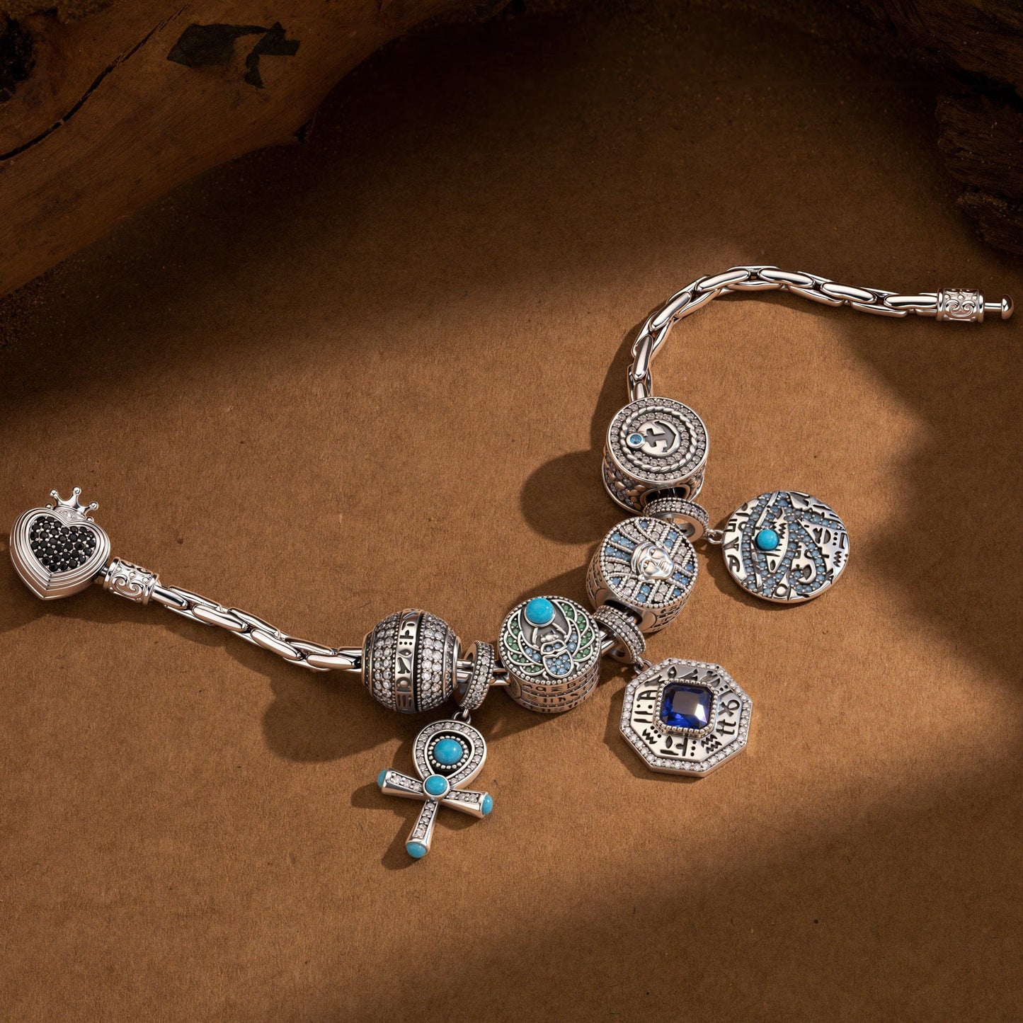 Sterling Silver Arcane Emblem Charms Bracelet Set With Enamel In Blackened 925 Sterling Silver Plated (Includes bracelet and all charms shown)