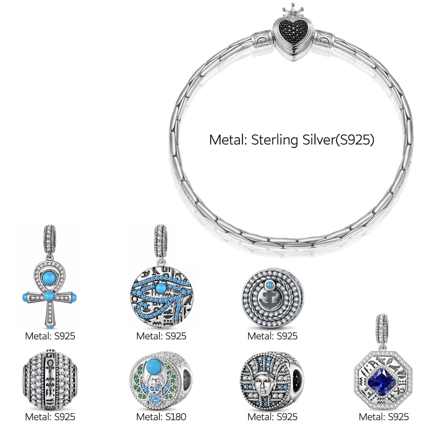 Sterling Silver Arcane Emblem Charms Bracelet Set With Enamel In Blackened 925 Sterling Silver Plated (Includes bracelet and all charms shown)