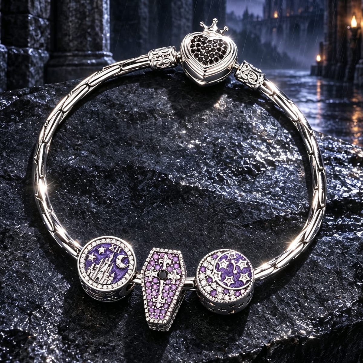 Sterling Silver Gothic Midnight Castle, Coffin & Moon Curated Charm Bracelet Set with Purple Pavé Accents (Includes Bracelet And All Charms Shown)