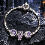 Sterling Silver Gothic Midnight Castle, Coffin & Moon Curated Charm Bracelet Set with Purple Pavé Accents (Includes Bracelet And All Charms Shown)