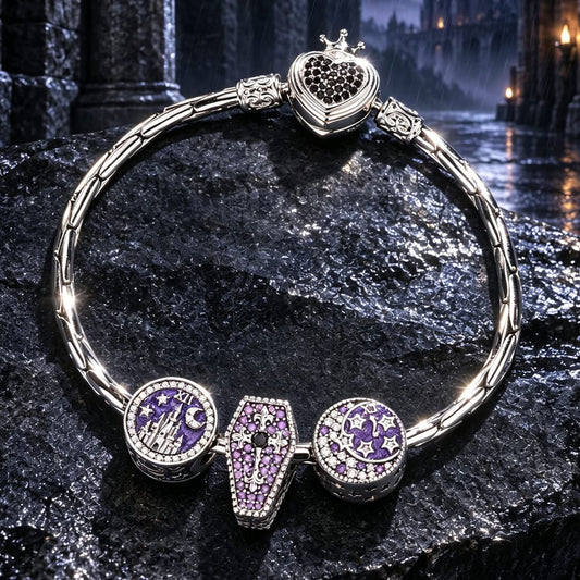 gona- Sterling Silver Gothic Midnight Castle, Coffin & Moon Curated Charm Bracelet Set with Purple Pavé Accents (Includes Bracelet And All Charms Shown)