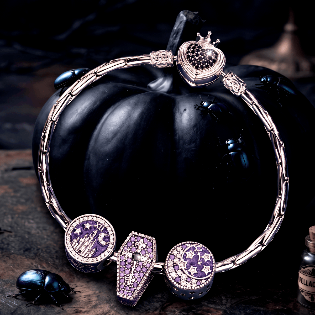 Sterling Silver Gothic Midnight Castle, Coffin & Moon Curated Charm Bracelet Set with Purple Pavé Accents (Includes Bracelet And All Charms Shown)