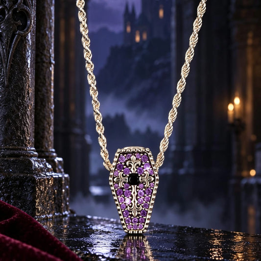 gona- Sterling Silver Gothic Fleur-de-Lis Purple Pavé Coffin Curated Charm Necklace Set (Includes Necklace And All Charms Shown)