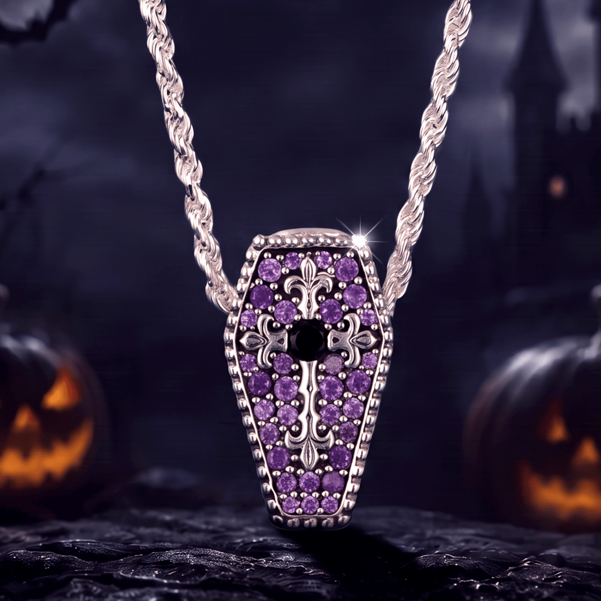 Sterling Silver Gothic Fleur-de-Lis Purple Pavé Coffin Curated Charm Necklace Set (Includes Necklace And All Charms Shown)