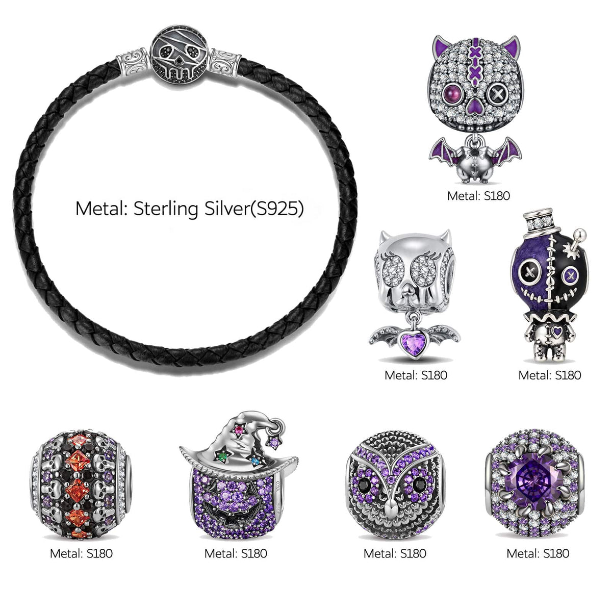 Blackened Sterling Silver Halloween Voodoo Cat, Owl & Vampire Bat Curated Charm Bracelet Set with Black Braided Cord (Includes Bracelet And All Charms Shown)