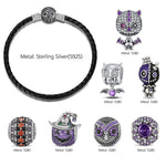 Blackened Sterling Silver Halloween Voodoo Cat, Owl & Vampire Bat Curated Charm Bracelet Set with Black Braided Cord (Includes Bracelet And All Charms Shown)